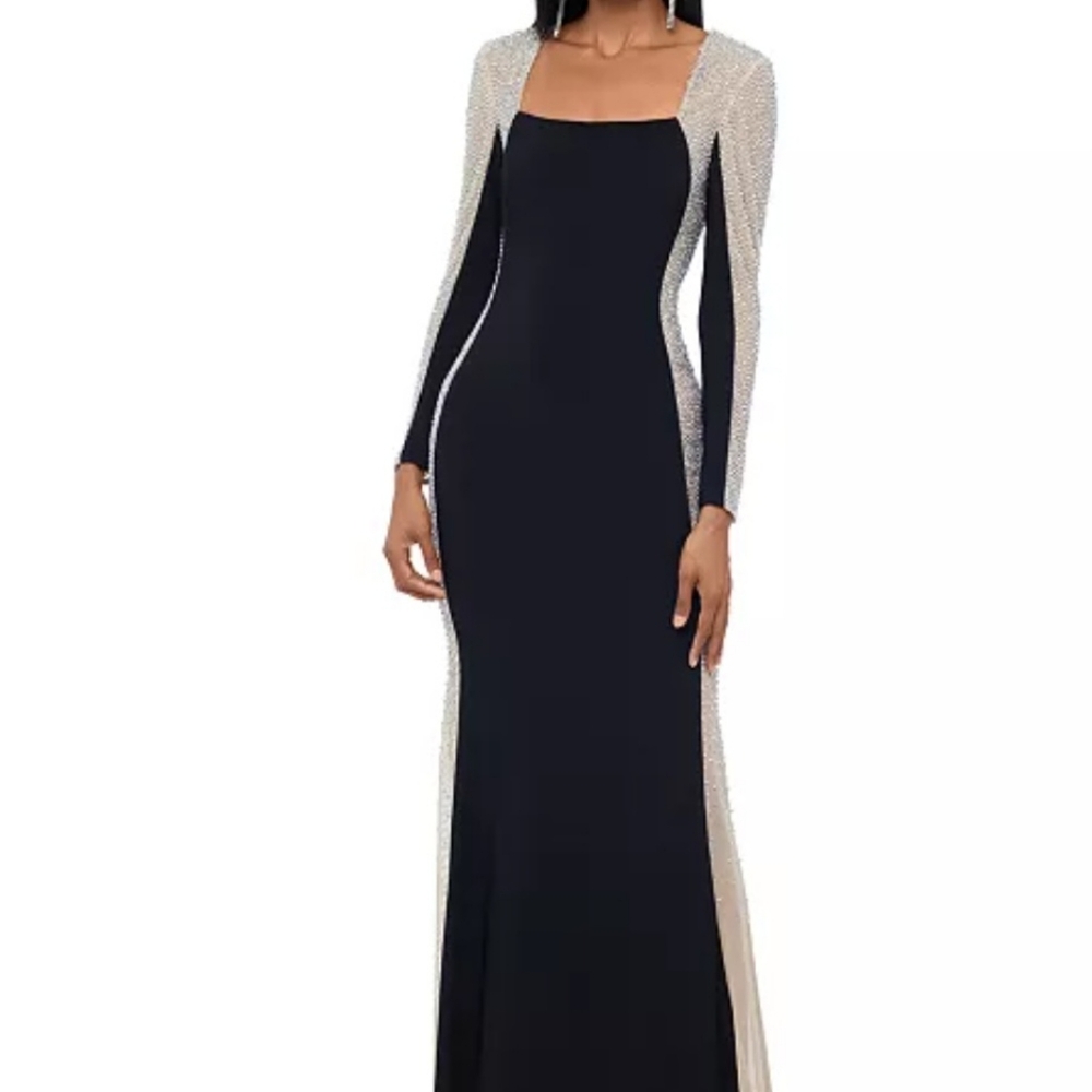 Xscape Black and Silver Long Sleeve Dress